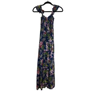 Boho Me Womens Hawaiian Floral Smocked Ruffle Sleeveless Blue/Pink Maxi Dress